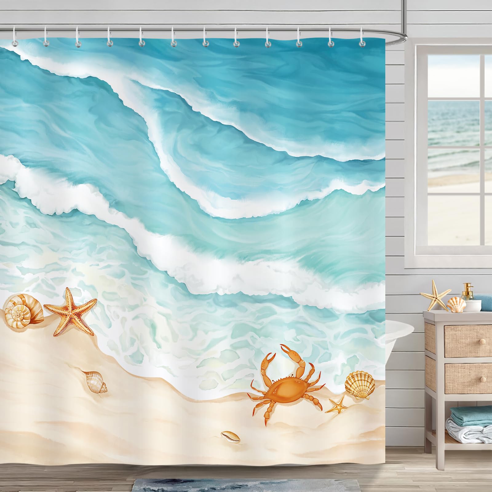 Bonhause Beach Ocean Shower Curtain, Coastal Teal Blue Sea Bathroom Curtain 180 x 180 cm Waterproof Mildew and Mould Resistant Polyester Fabric Bath Curtain with 12 Hooks