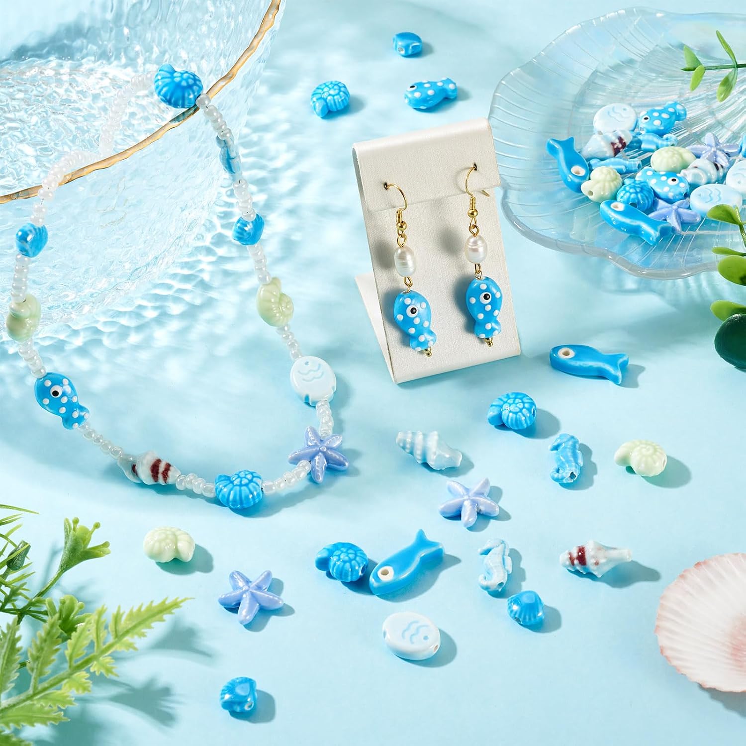 36Pcs Handmade Porcelain Ocean Animal Beads Assorted Ceramic Beads Cute Shell Starfish Conch Fish Cool Bead for Jewelry Making DIY Craft Necklace Bracelet Crafts image 2