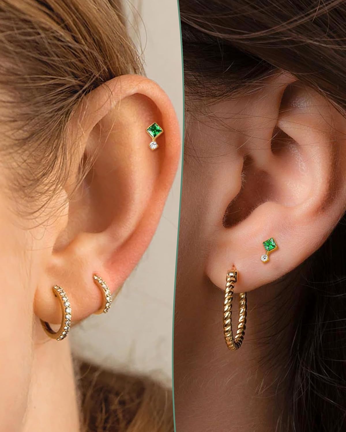 COCHARM 16G Titanium Flat Back Helix Piercing Jewelry, Square Design Threadless Cartilage Tragus Earring Stud, Gold and Silver Tone Conch Lobe Jewelry - Image 2