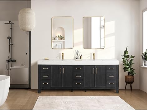 Vinnova Leon 84" Double Bathroom Vanity in Fir Wood Black w/Composite in Lightning White