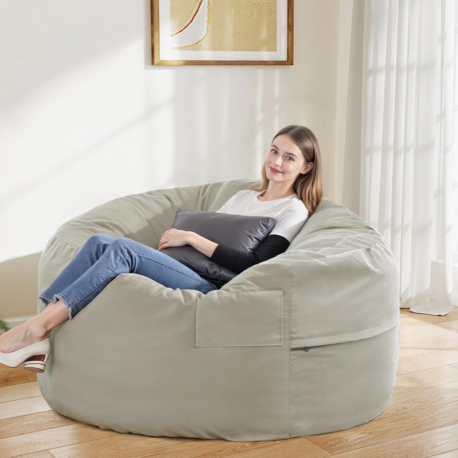 DUMOS 4FT Bean Bag Chair Beanbag for Adults and Kids Oversized Lazy Sofa Living Room Furniture with Removable Washable Cover Giant Comfy Gaming Chair Round Couch for Bedroom Dorm