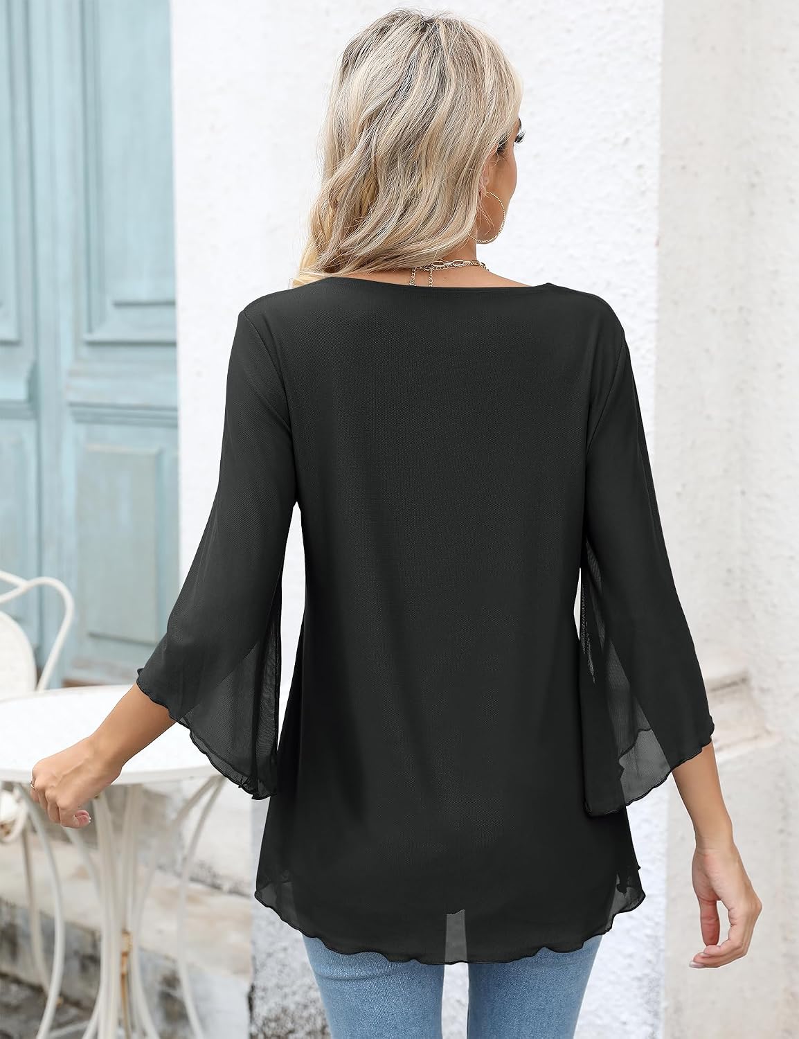 LOMON Women's 3/4 Sleeve V Neck Blouse Business Casual Mesh Tunic Tops ...