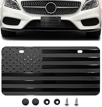 American Flag Front License Plate, Custom Black American Flag License Plate for Car Front Bumper, 6" x 12" Novelty Metal 3D Embossed US Tag Cover Patriotic Decoration Car Holders FrameBlack