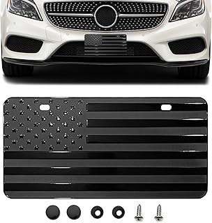 American Flag Front License Plate, Custom Black American Flag License Plate for Car Front Bumper, 6" x 12" Novelty Metal 3D Embossed US Tag Cover Patriotic Decoration Car Holders Frame(Black)