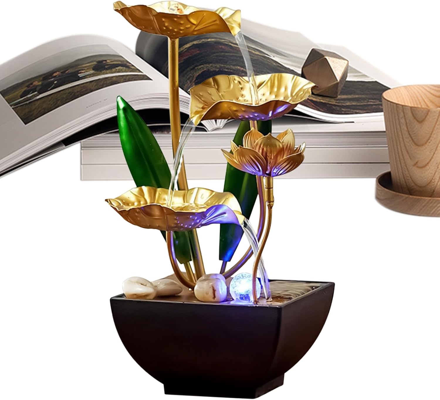 Desktop Water Fountain - Tabletop Fountain with LED Illumination and Relaxing Water Sounds for Zen Bedroom, Office, Hotel, Living Room, Aquarium Centerpiece, Stress Relief and Meditation Déco