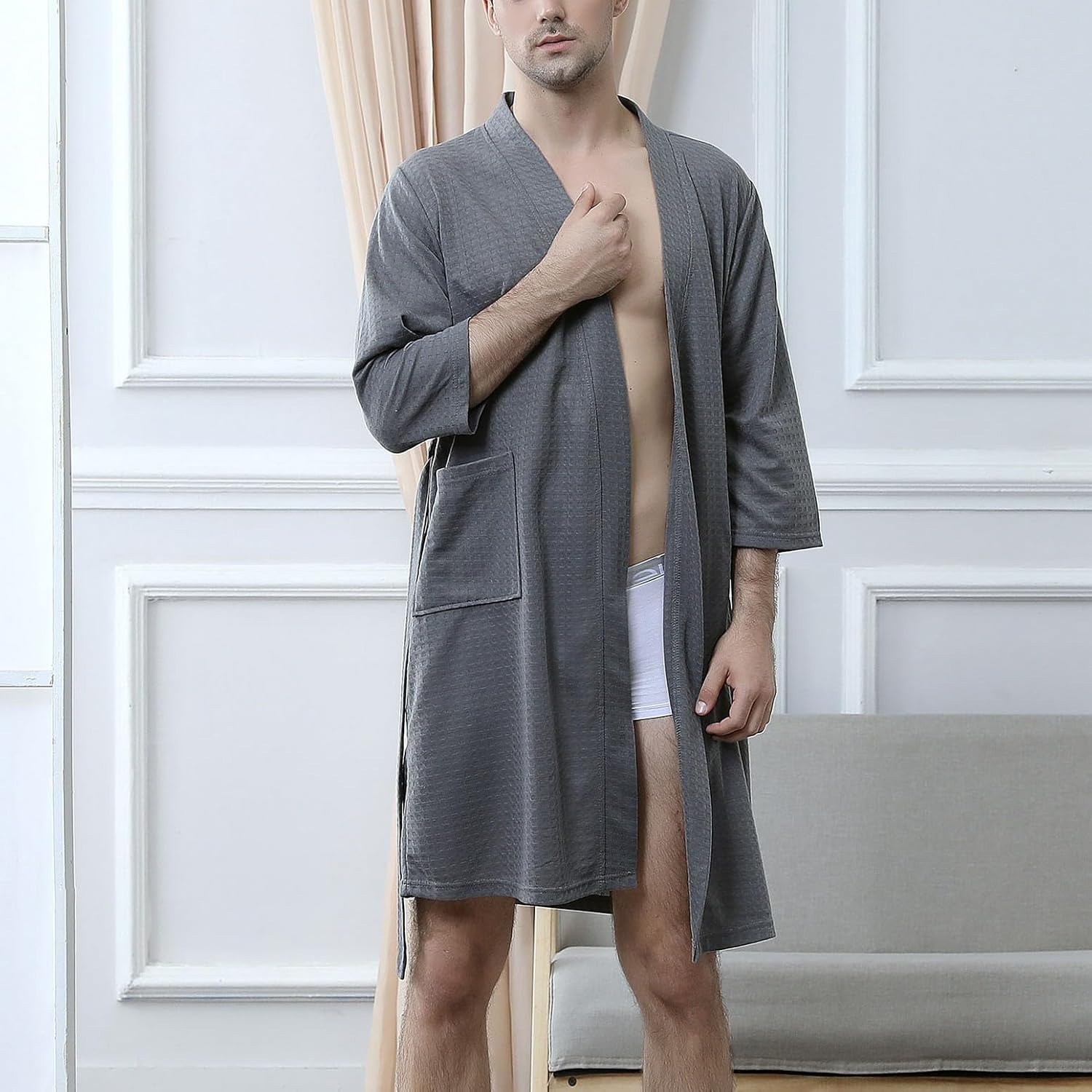Lu's Chic Men's Waffle Kimono Robe Lightweight Spa Bathrobe Pockets Turkish Hotel Nightgown
