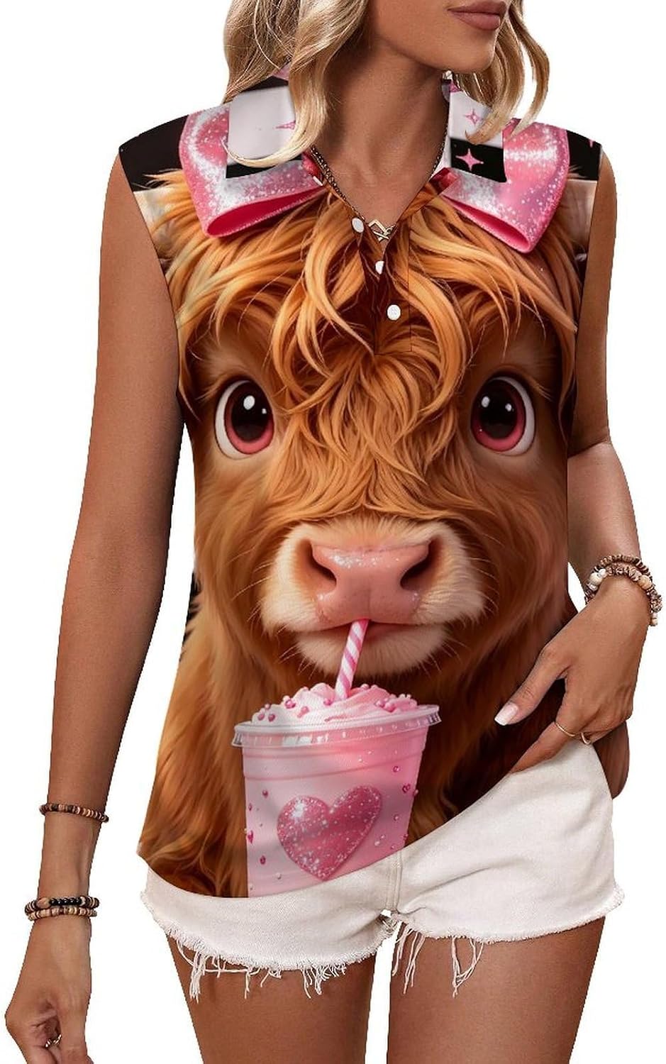 Highland Cow Women Sleeveless Collared Golf Polo Shirt | V Neck Tank Top,Breathable Tennis Shirts