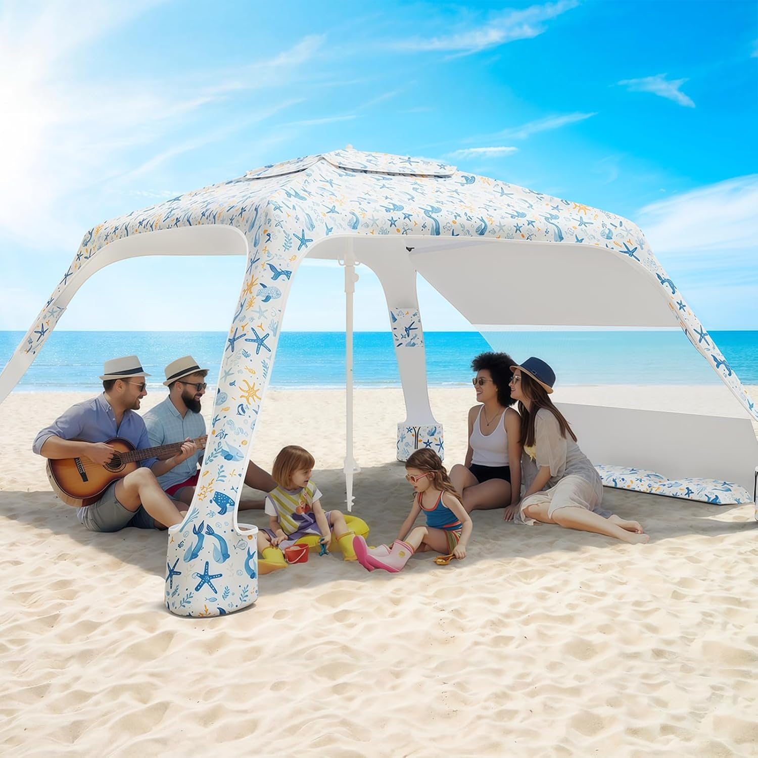 Beach Cabana, 6.5'×6.5' Beach Canopy with UPF50+ Protection, Beach Tent Sun Shelter, Sun Umbrella with Removable Side Wall, Portable Shade Sun Shelter for Beach, Garden, Camping (Fish Print)