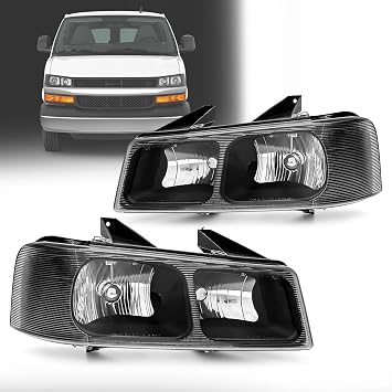 Headlights fit Chevy Express 03-24 GMC Savana 1500 2500 3500 4500 Compatible with 2003-2024 Express Headlamp with Clear Lens Black Housing Clear Corner Left and RightW/O Bulbs