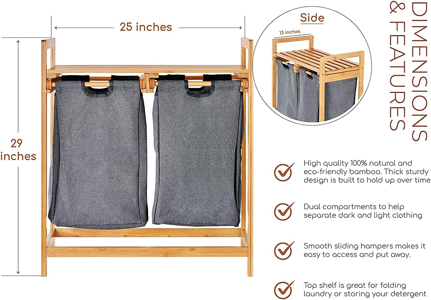 ToiletTree Products Bamboo Hamper with Dual Compartments - High-Quality Laundry Sorter for Bathrooms and Laundry Rooms - Dual Hamper to Sort Darks and Whites - High-Quality Bamboo Laundry Hamper : Home & Kitchen