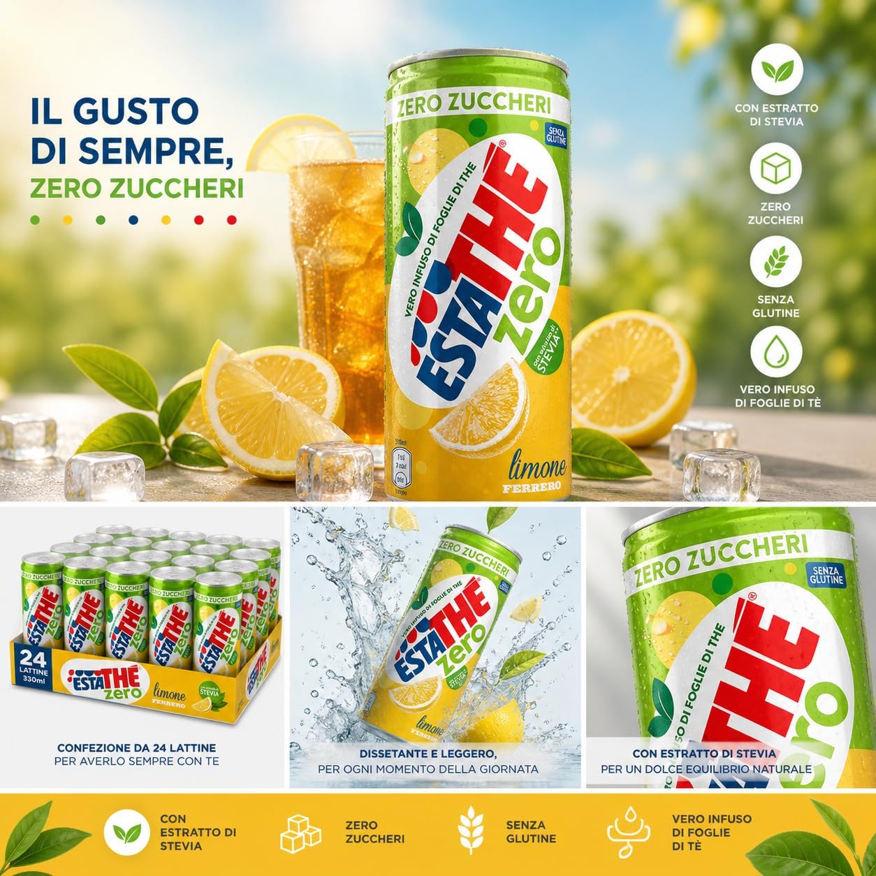 Italian Gourmet Bundle Zuckerfreier Zitronen-Eistee 48x 330ml + Italian Gourmet Polpa Gratis – Erfrischungsgetränk mit Tee-Aufguss, Zitrone & Stevia-Extrakt, glutenfrei 15,84L
