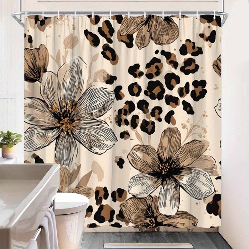 GLWDMB 1 Piece 90x180CM Vintage Botanical Exotic Design Floral Leopard Printed Shower Curtain With Hook, Polyester, for Windows And Walls, Bathtub, Bathroom, Machine Washable, All Season Universal