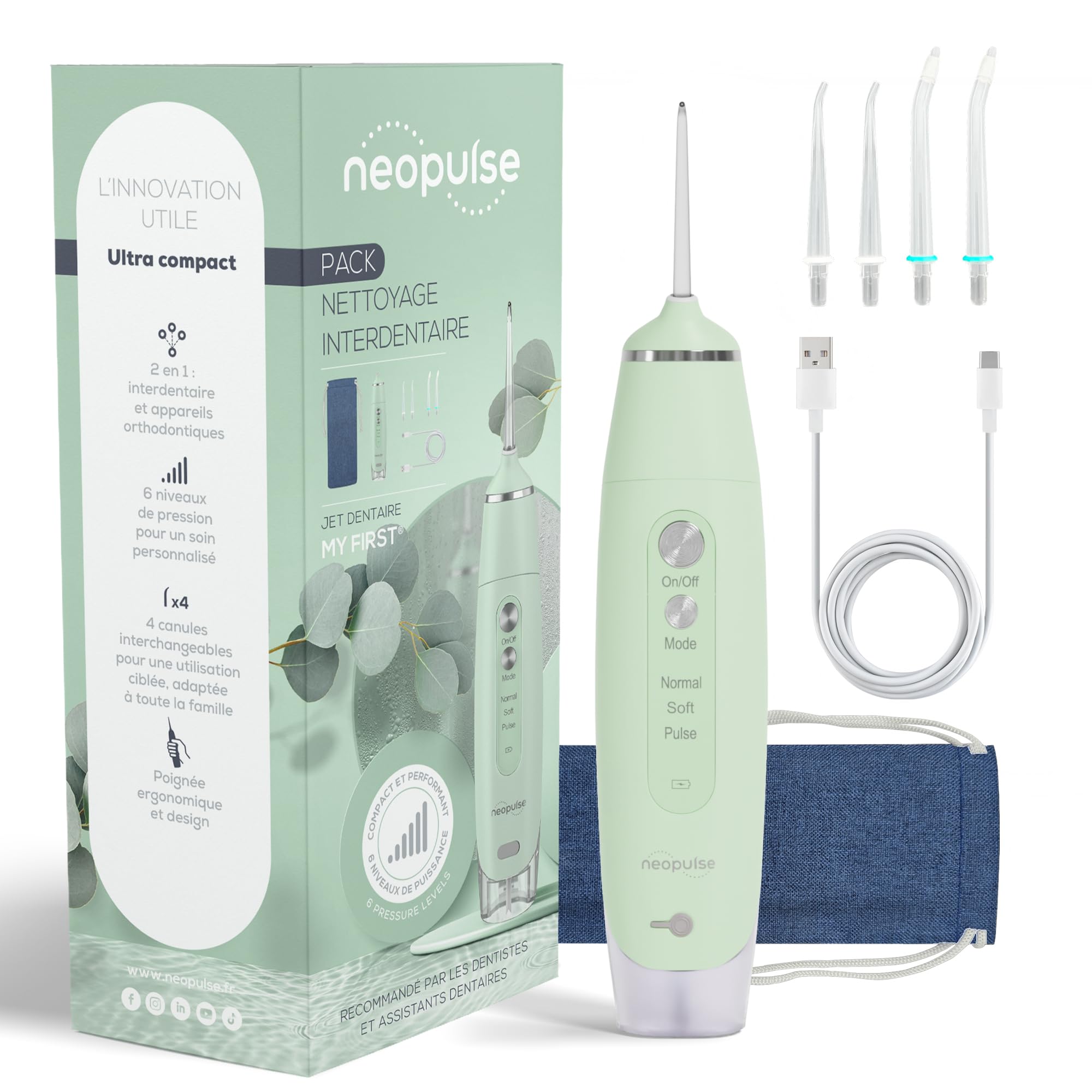 NEOPULSE® My First Jet Ultra Compact - Opryskiwacz 2 w 1-4 kaniul, 6 regulowanych ciśnień, zdejmowany zbiornik 165 ml, usuwa płytkę dentystyczną, czyści urządzenia ortodontyczne - zielony