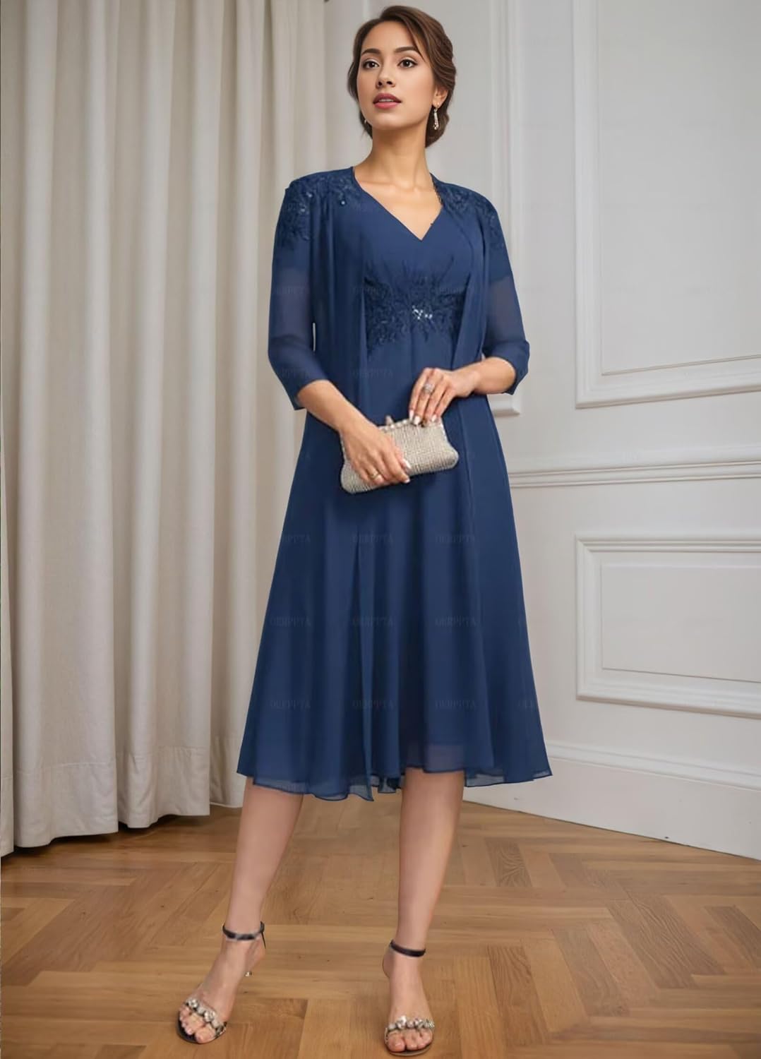 Tea Length Mother of The Bride Dresses for Women Long Sleeve Grandmother of Bride Dress with Jacket - Image 2