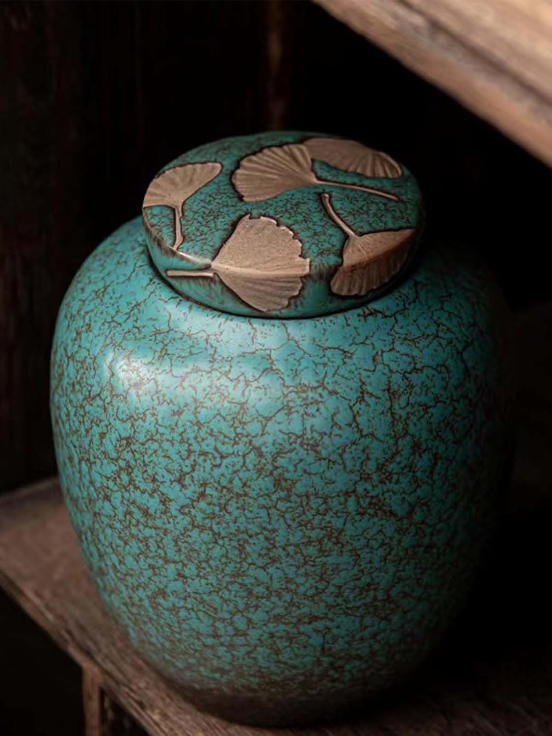 Medium Cremation Urn for Human Ashes, Unique Turquoise Glazed Ceramic Memorial, Ginkgo Leaf Decorative, for Sharing Adult or Infant