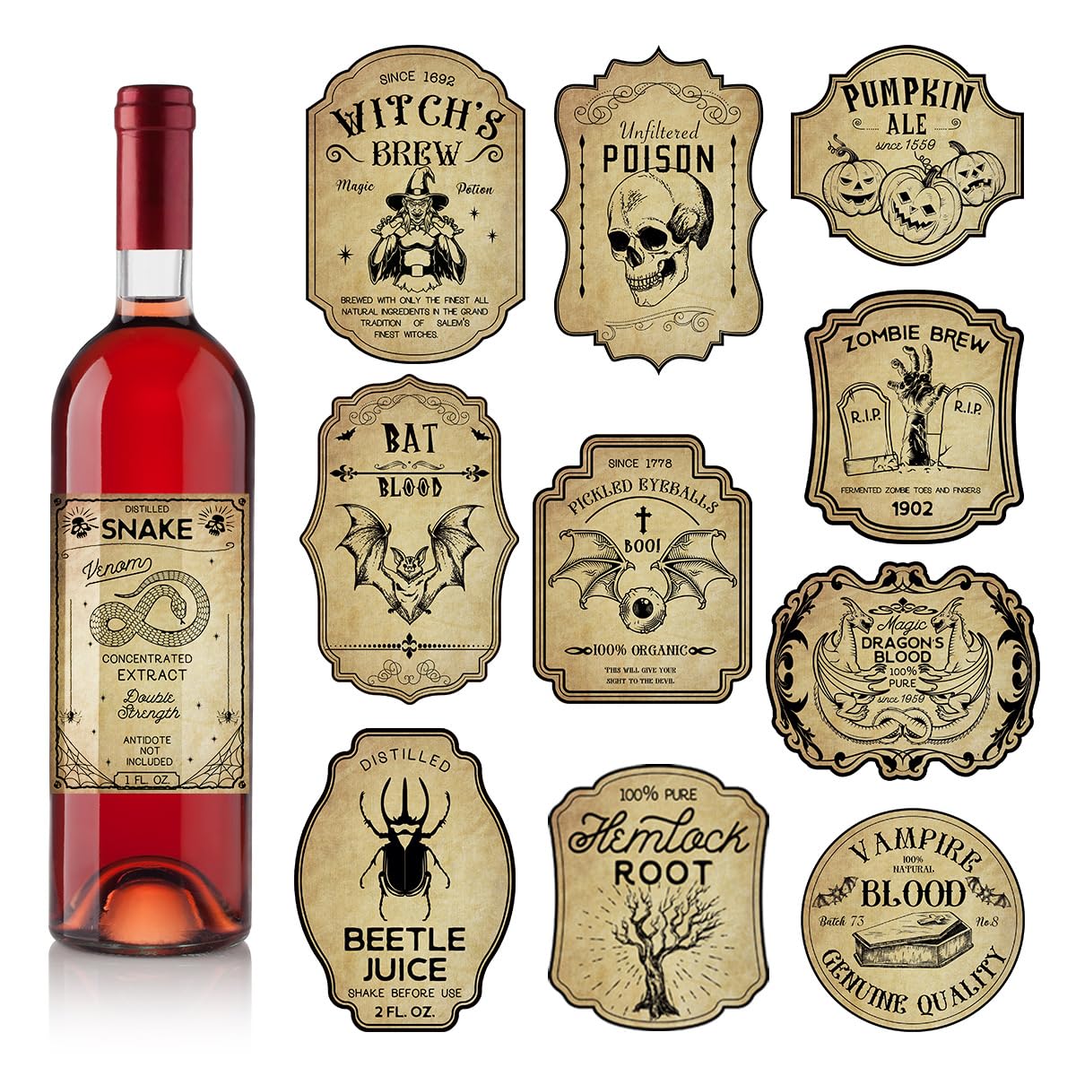 36 Pcs Halloween Wine Bottle Labels Stickers Vintage Scary Potion Bottles Labels Halloween Animal Apothecary Bottle Stickers Classic Creepy Waterproof Wine Labels for Halloween Party Favor