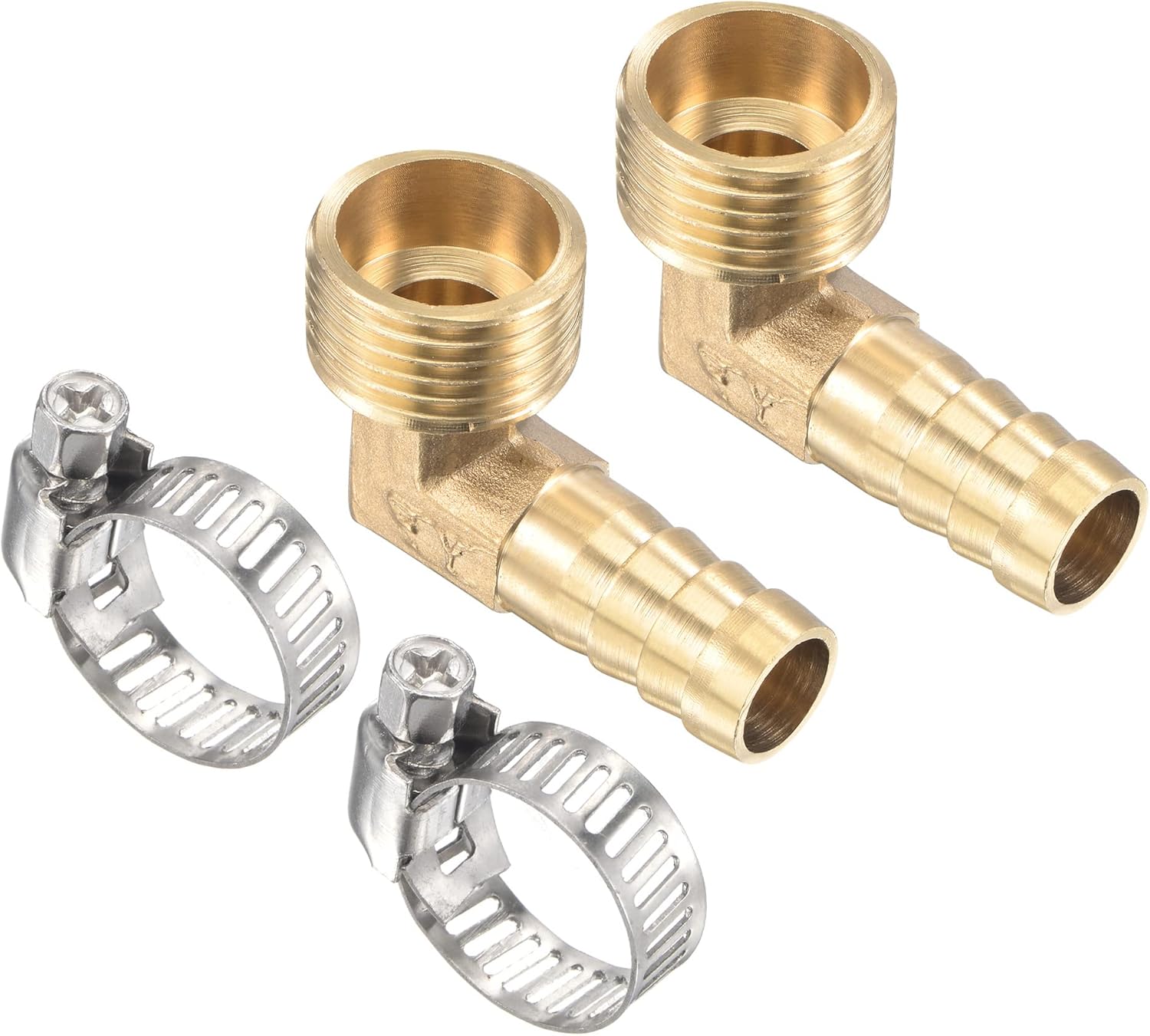 M METERXITY 2 Pack Brass Hose Barb Fittings - 90 Degree Elbow 12mm Brass Pipe Connector with Hose Clamps Apply to Water(G1/2 Male Thread)