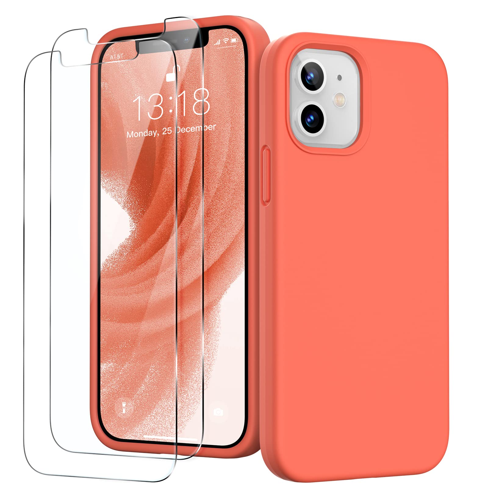 GOODVISH 3 in 1 Cover in Silicone per iPhone 12 Mini 5,4", con 2 Pezzi di Pellicola Protettiva, Silicone Liquido Custodia per Cellulare con Morbida Microfibra Antiurto,Rosso-Arancio