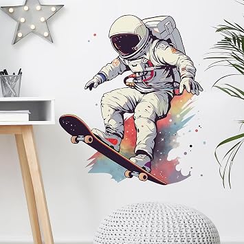 Skater Astronaut Wall Decal Space Wall Sticker | Removable peel and stick wall art with skateboarding for nursery, boy baby room, classroom, preschool, and living room