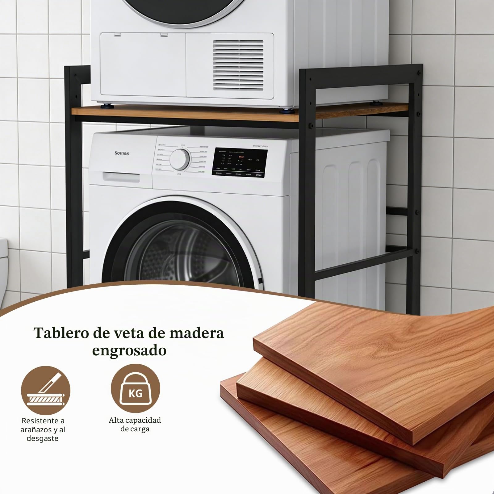 Estanteria Lavadora y Secadora, 3 Alturas Ajustables, Mueble Lavadora Secadora Columna, Capacidad de Carga de 350 kg, para BañO, BalcóN, Lavandería (Negro)