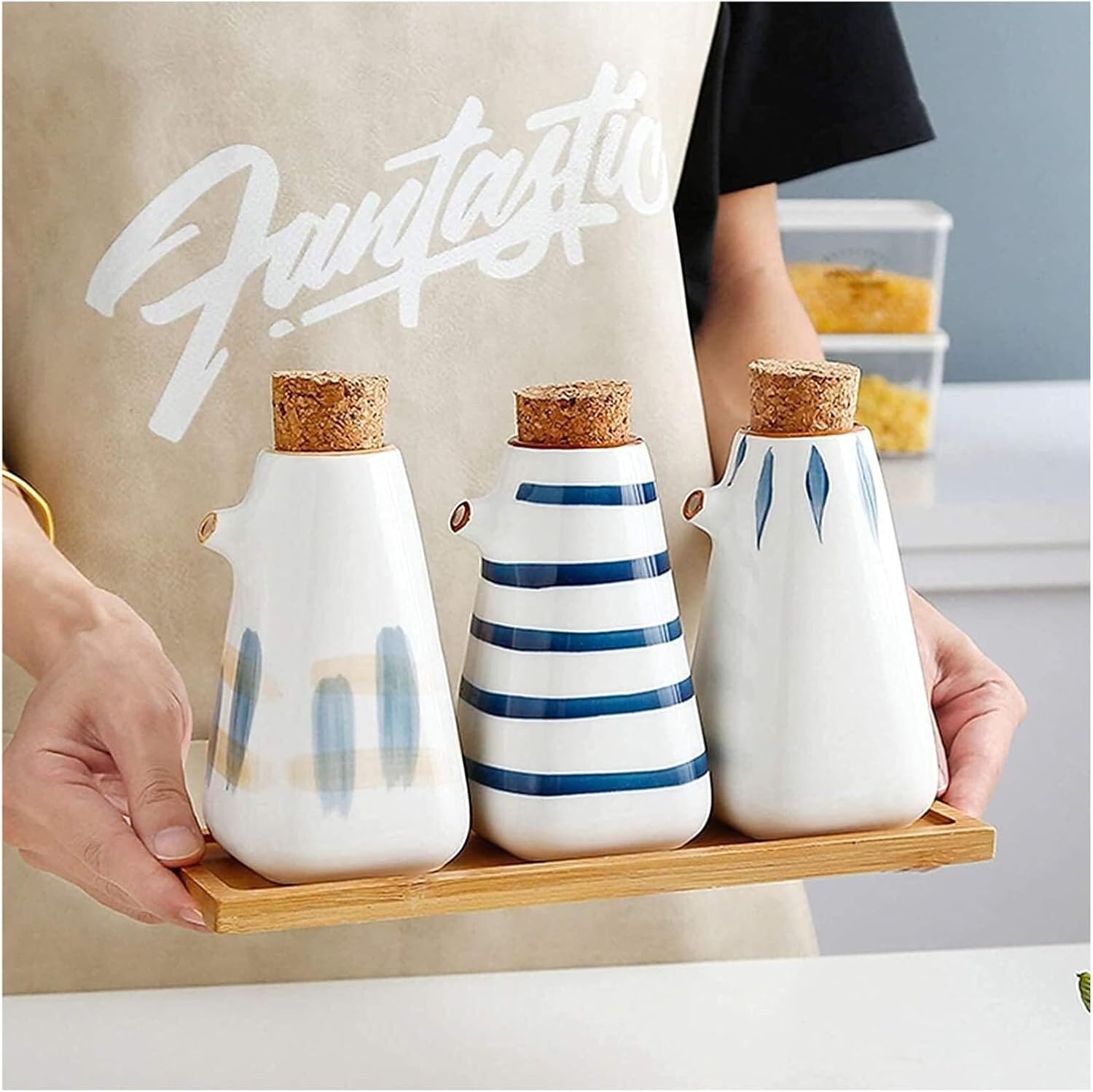 Oil and Vinegar Dispenser Home Essentials Ceramic Oil and Vinegar Dispenser Bottles with Cork Stoppers-Oil Bottle for Kitchen Cooking