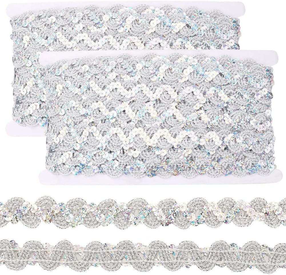CRASPIRE 24 Yard Sequins Trim Ribbon Sequin White 0.67In Braid Woven Lace Beaded Wave Spangle Flat Glitter Paillette Fabric Metallic Rick Rack Strip for DIY Crafts Sewing Clothes Decor Gift Wrapping