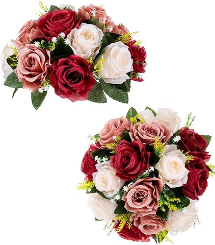BLOSMON Bolas de flores, centros de mesa de rosas de boda 2 piezas de flores falsas color borgoña rubor y blanco, decoración de besos, arreglos