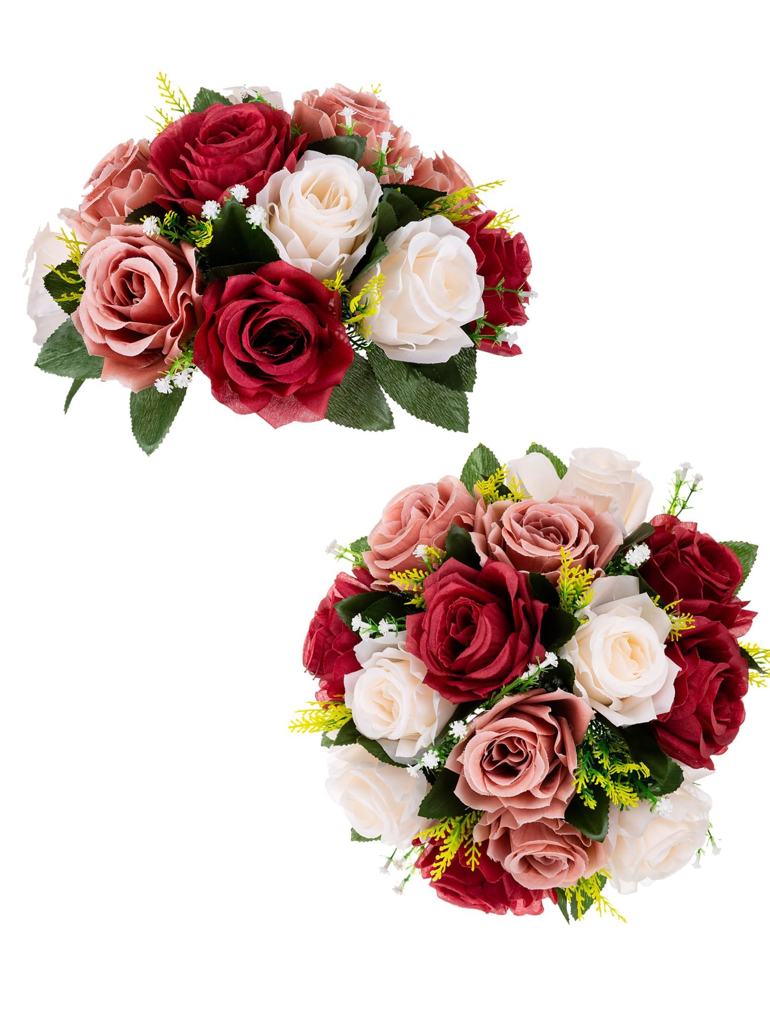 Flower Centerpieces for Tables Wedding: Blosmon 2 Pcs Fake Flowers Rose Arrangement Bouquet Burgundy Blush & White Floral Centerpiece Balls Artificial Wedding Center Pieces — image 1