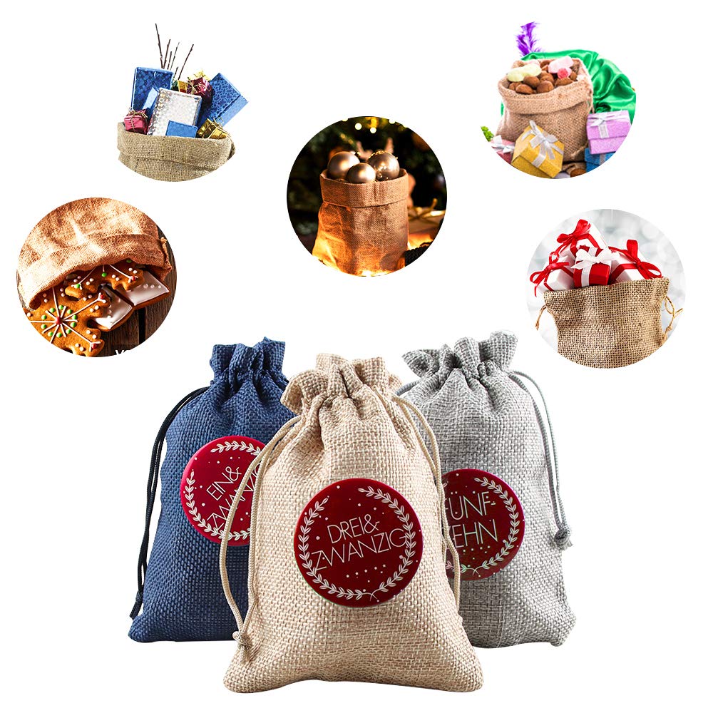 Calendario Adviento Saquitos, 24 Bolsas de Lino Calendario de Adviento, Bolsas de Dulces con 24 Insignias Digitales, Bolsas de Regalo de Bodas para Decorar el Calendario de Adviento en Casa (roja)
