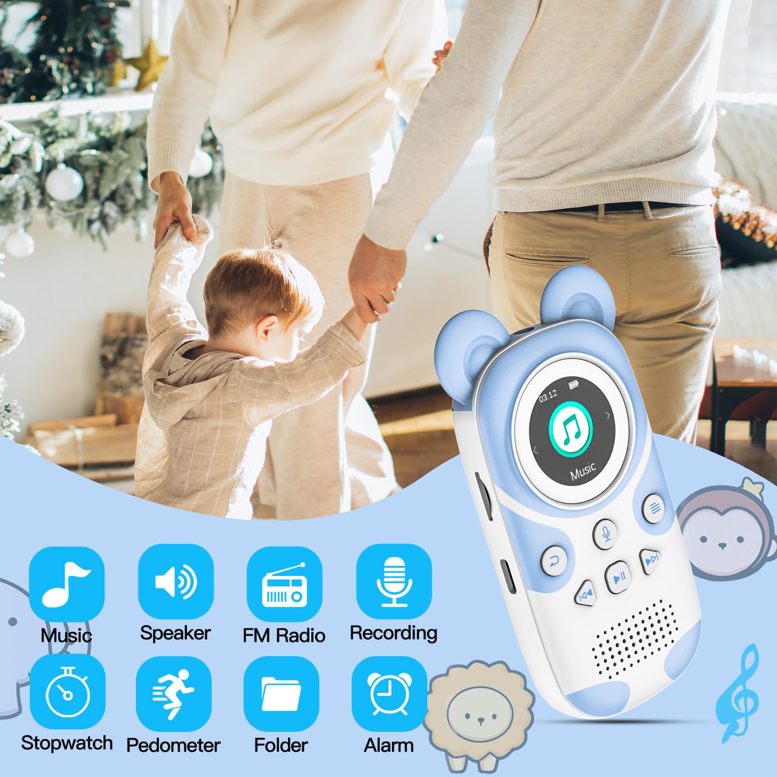 64GB MP3 Player Kids Bluetooth 5.3 con Altavoz para Auriculares Soporta Radio FM, Despertador, grabación con un botón, función cronómetro