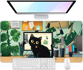 Desk Pad, Large Gaming Mouse Pad, 32" x 16", Office Black Cat