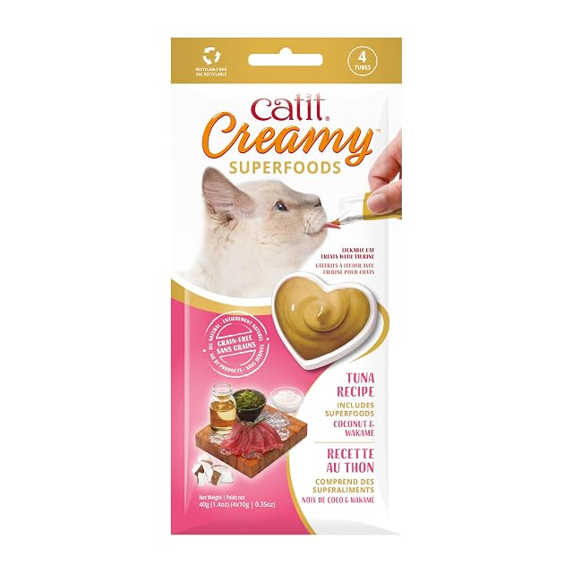 Catit Creamy Superfood Snack húmedo par Gatos Atún/Coco y Wakame, 4x10g