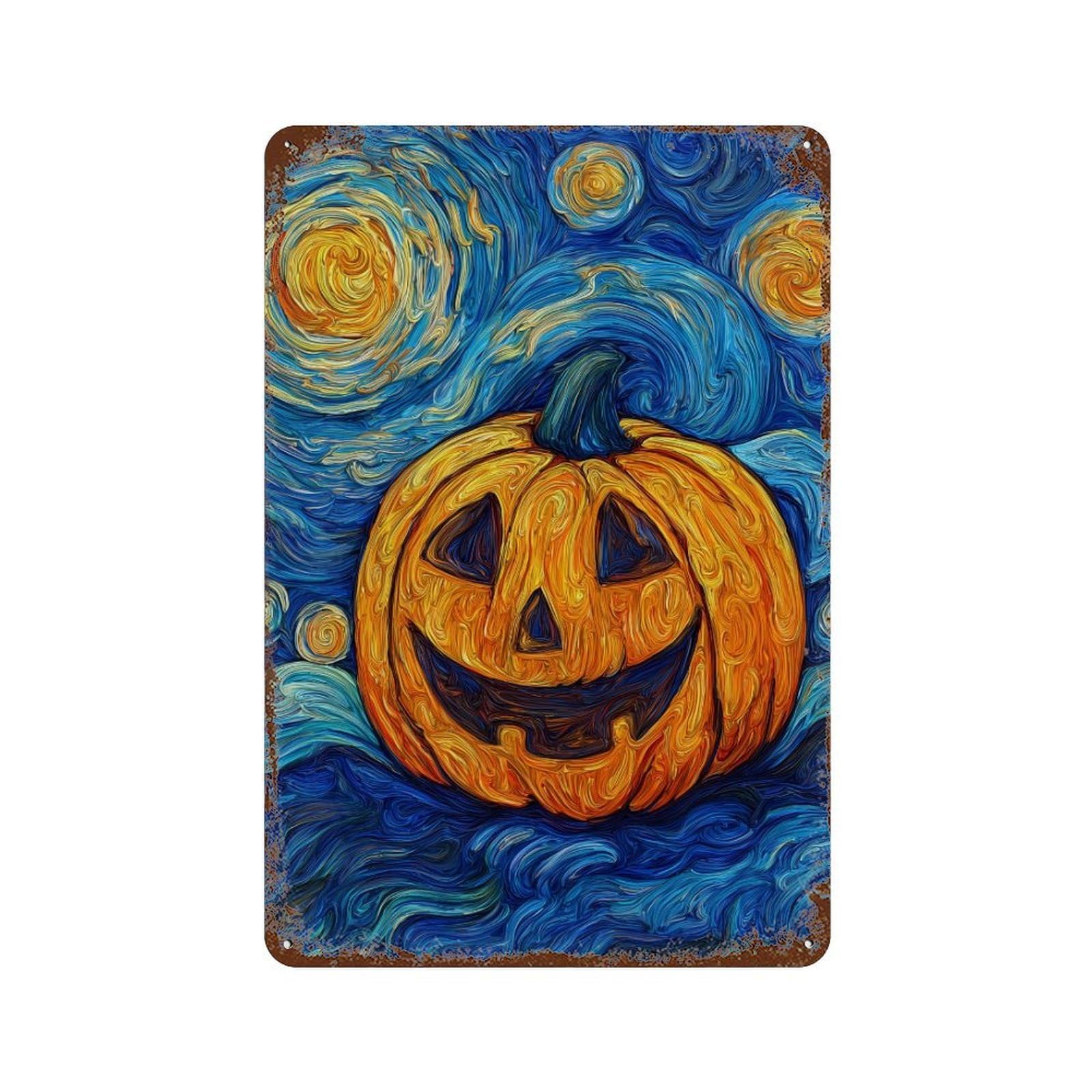 Pumpkin with Starry Night Sky Vintage Metal Tin Sign 11.8"x7.9", Rustic Home Decor for Garage, Bar And Workshop Decor