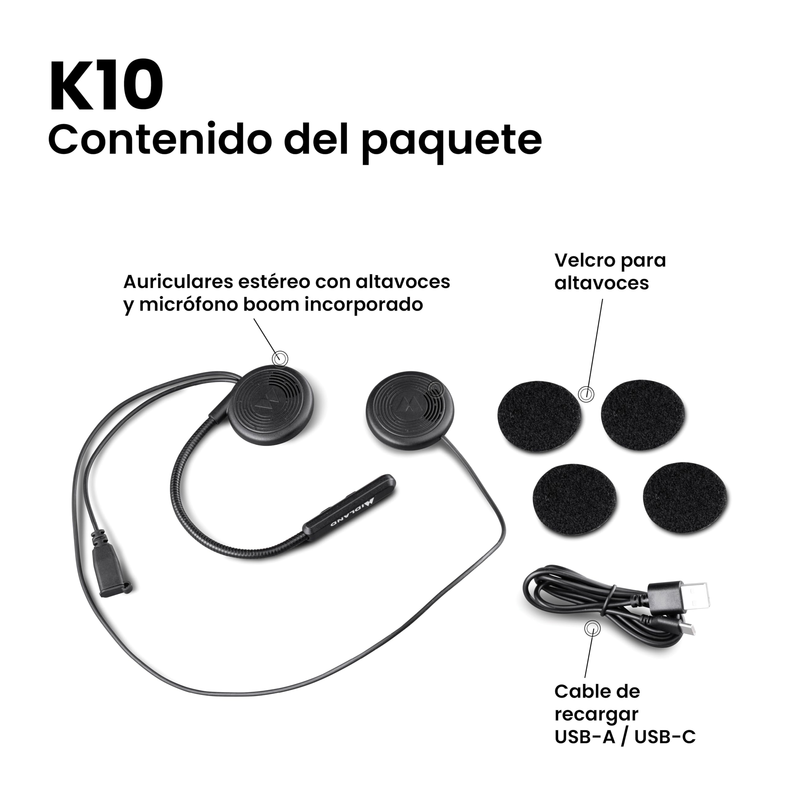 Midland - Auricular Bluetooth 5.2 Único K10 para Motociclistas Urbanos, Contestador Telefónico Invisible Universal - Auriculares Bluetooth Cancelación Ruido para Casco Moto, 7mm, Carga Rápida