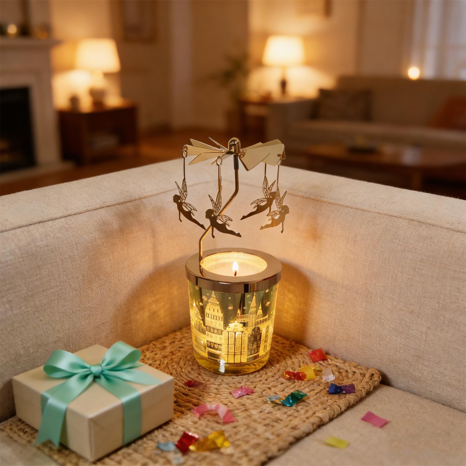 Kingnero Duftkerze mit Karussell, Lavendel Duft, Rotierender Kerzenhalter, Geschenk für Mama Ehefrau Geburtstag Valentinstag Jahrestag (Fee)