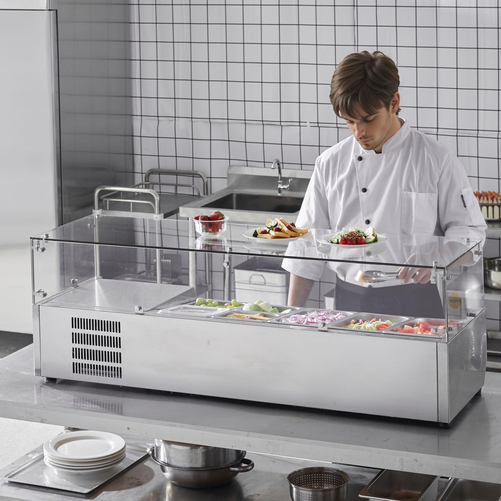 VEVOR Stazione di Preparazione Refrigerata per Condimenti da Banco 150 W Stazione di Preparazione per Frigorifero con 3 Vaschette 1/3, 4 Vaschette 1/6, Corpo in Acciaio Inossidabile 304, Coperchio PC