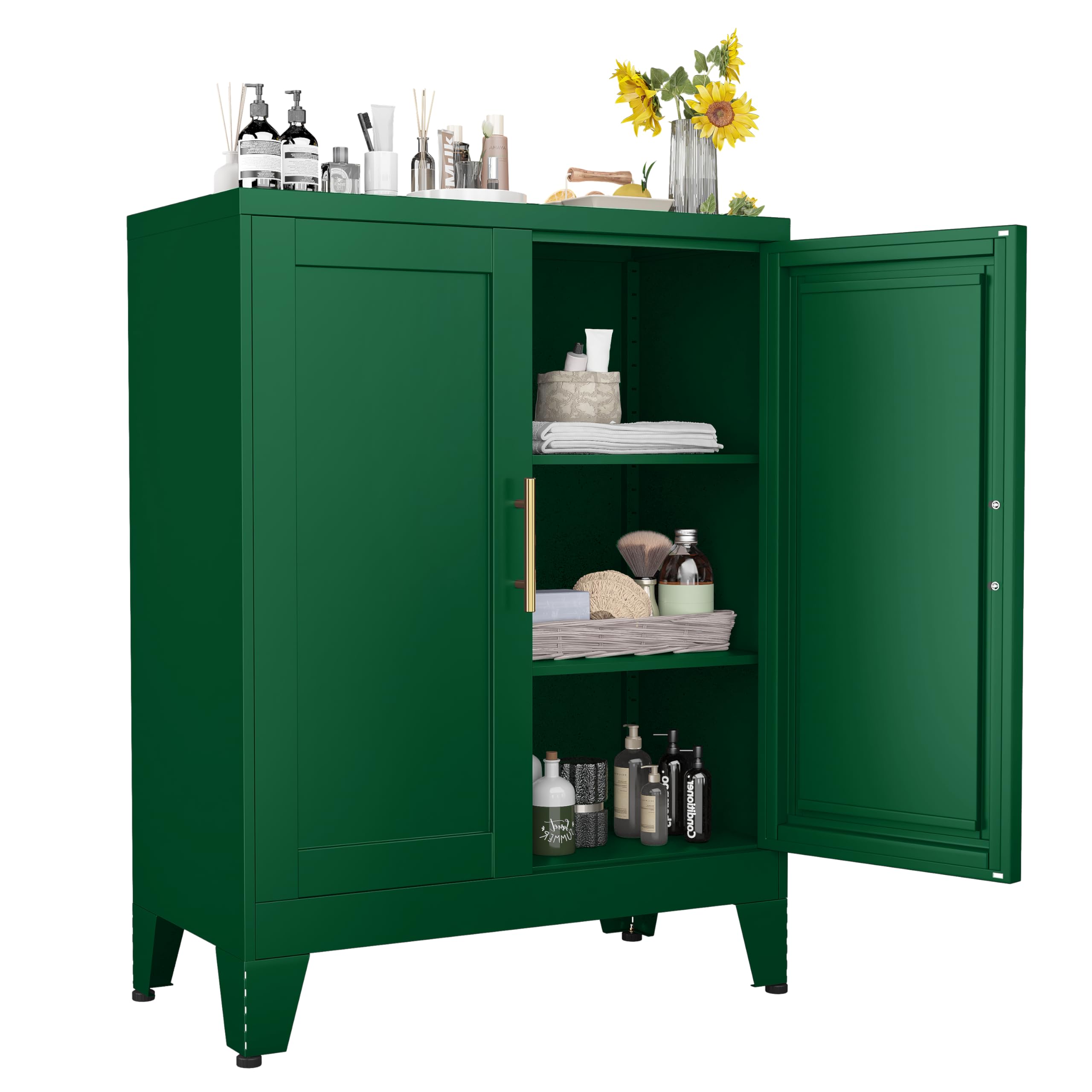 Green Metal Storage Cabinet, 36" Sideboard Buffet Cabient, Kitchen Pantry Storage Cabinet with Doors and 2 Adjustable Shelves, for Office, Home, School