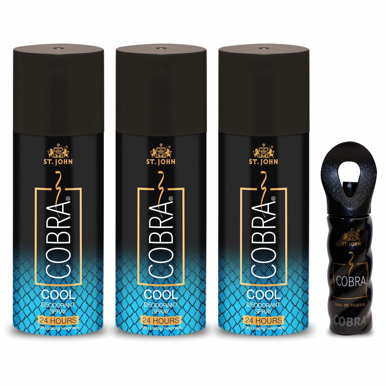 ST.JOHN COBRA Perfume Body Spray for Men & Women | Long Lasting Fragrance Combo 150 ml Deo Cool Pack of 3 + Cobra Perfume 15Ml (Pack of 4)