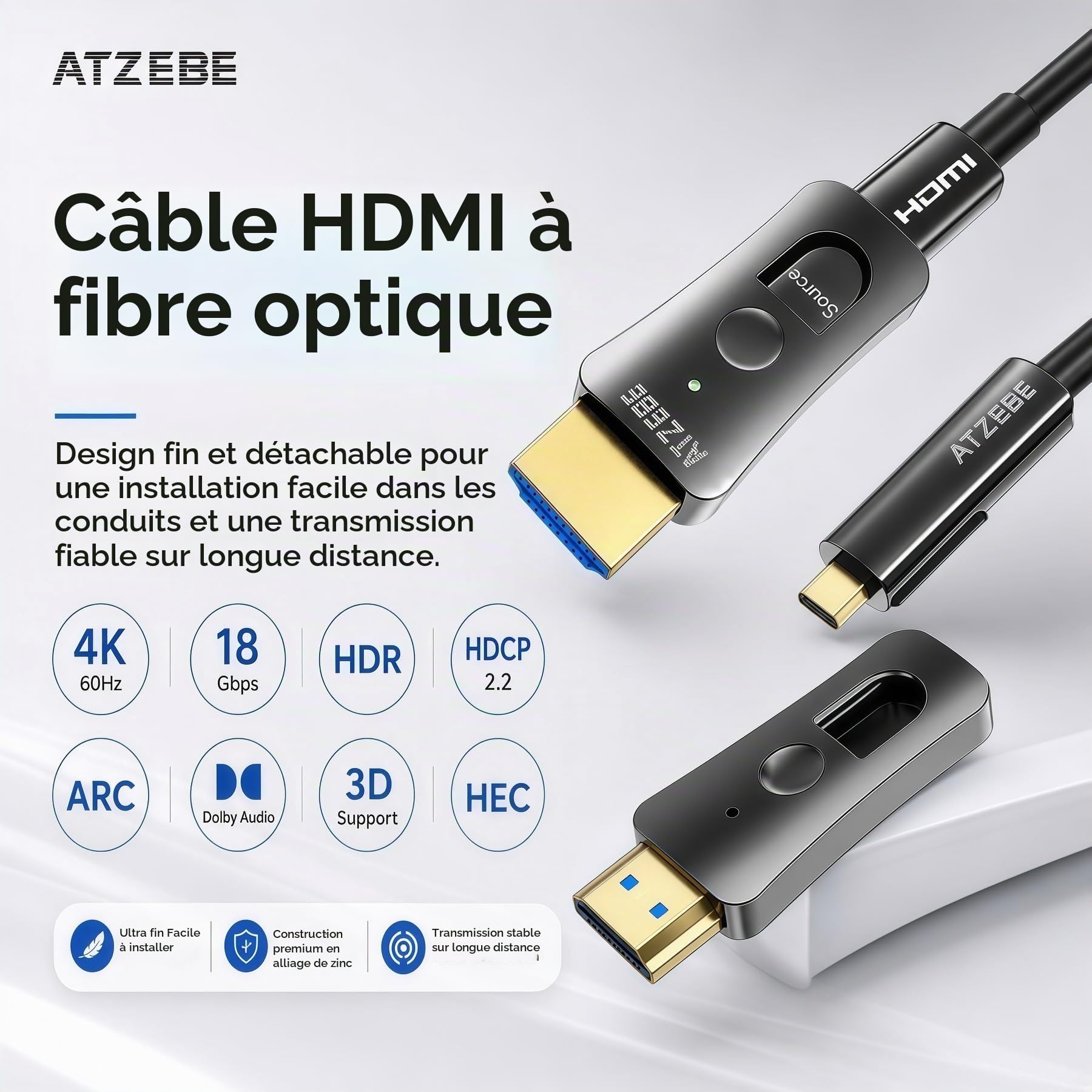 30m Câble HDMI fibre optique 4K@60Hz – Câble optique 18 Gbps, YUV 4:4:4, HDR, connecteurs doubles amovibles, alliage de zinc – Idéal pour home cinéma, projecteur & installation