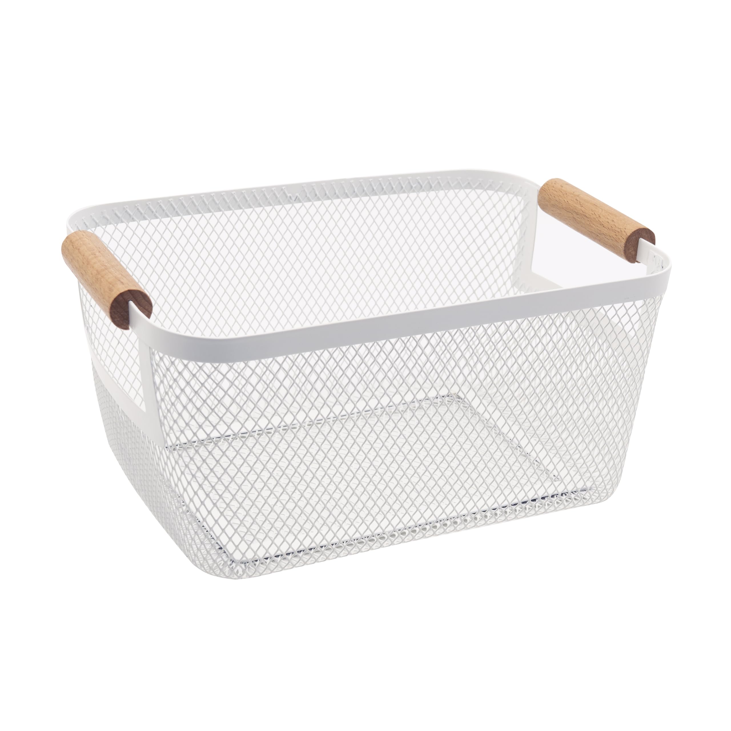 Oggi Medium Mesh Portable Bathroom Basket Caddy with Bamboo Handles, Metal Storage Basket for Bathroom, Shower, Vanity, Pantry & Home Organization, White