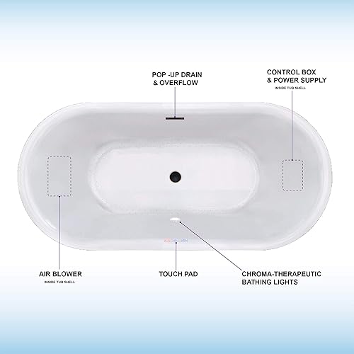 Miniatura 9 de WOODBRIDGE Bañera independiente de acrílico con burbujas de aire de 59 pulgadas, bañera de remojo contemporánea, acrílico blanco con drenaje y
