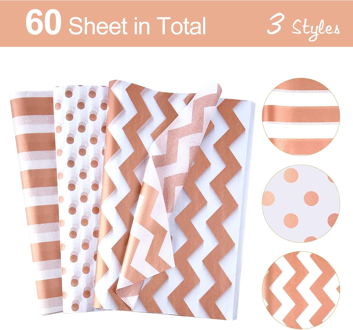 MIAHART 60 Pcs Rose Gold Tissue Paper Bulk 3 Style Decorative Metallic Wrapping Paper for Birthday Weddings Christmas Party Mothers Day Decoration - Image 3