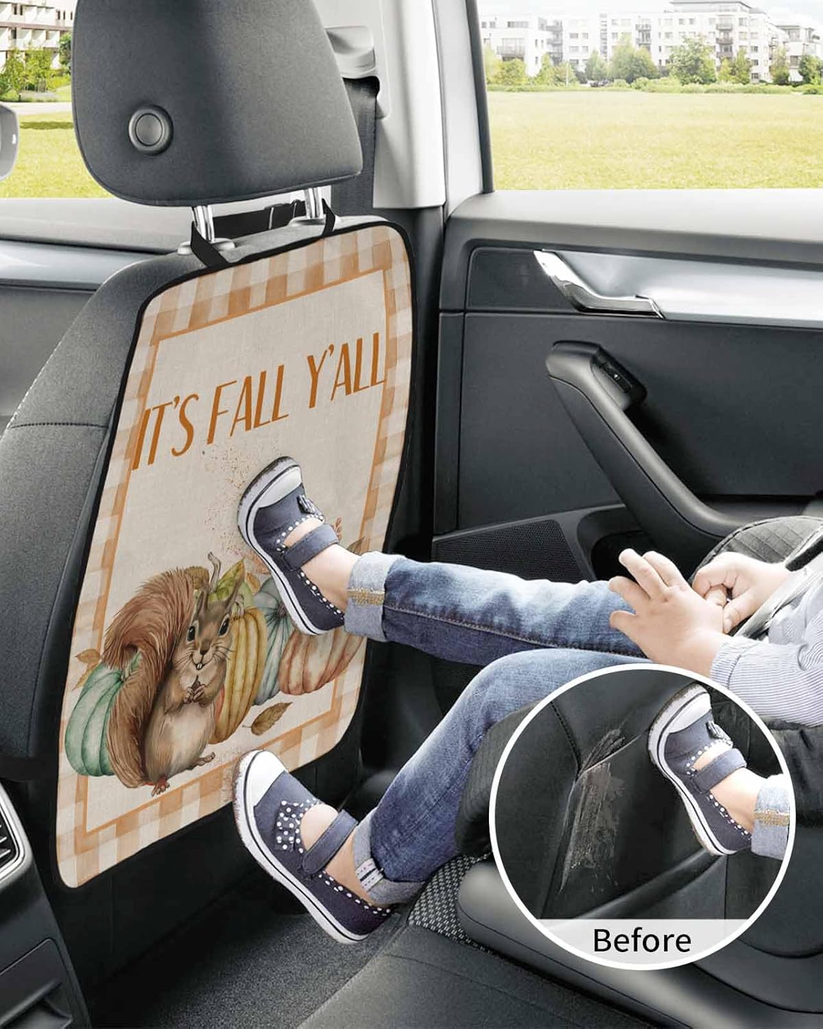 Car Seat Protector, 2 Pack Kick Mats Back Seat Protector Fall Thanksgiving Cute Squirrel Nut Pumpkin Buffalo Plaid Waterproof Backseat Cover for Kids Universal Fit Automotive Interior Protectors