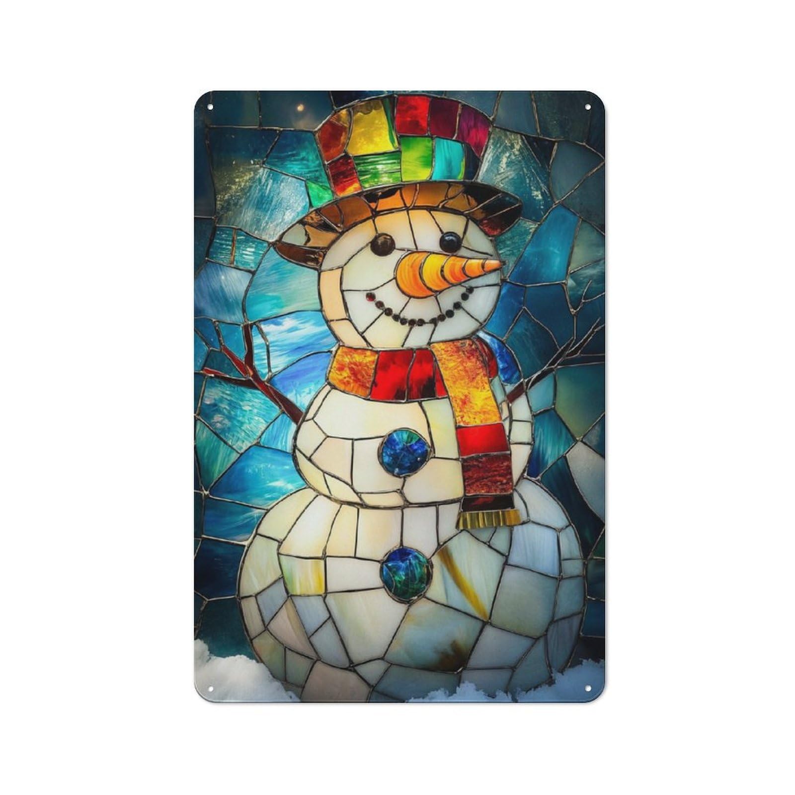 Junmoney Stained Glass Snowman Tin Wall Plaque 30X20cm With For Living Room Or Hallway, For Garage, Workshop And Man Cave Decoration