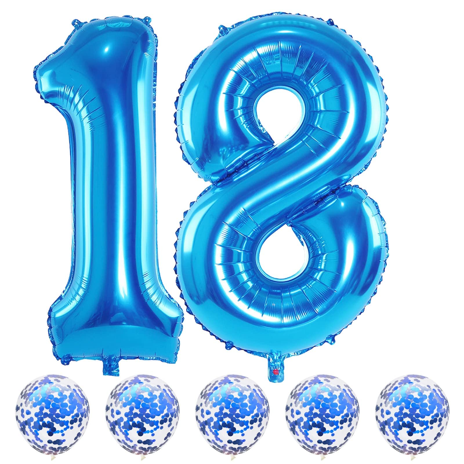 Large 18 Balloon Number Blue, 40 Inch Helium Foil Number 1 & 8 Balloons Self Inflating with Blue Confetti Balloons Set for Boys Men 18th 81th Birthday