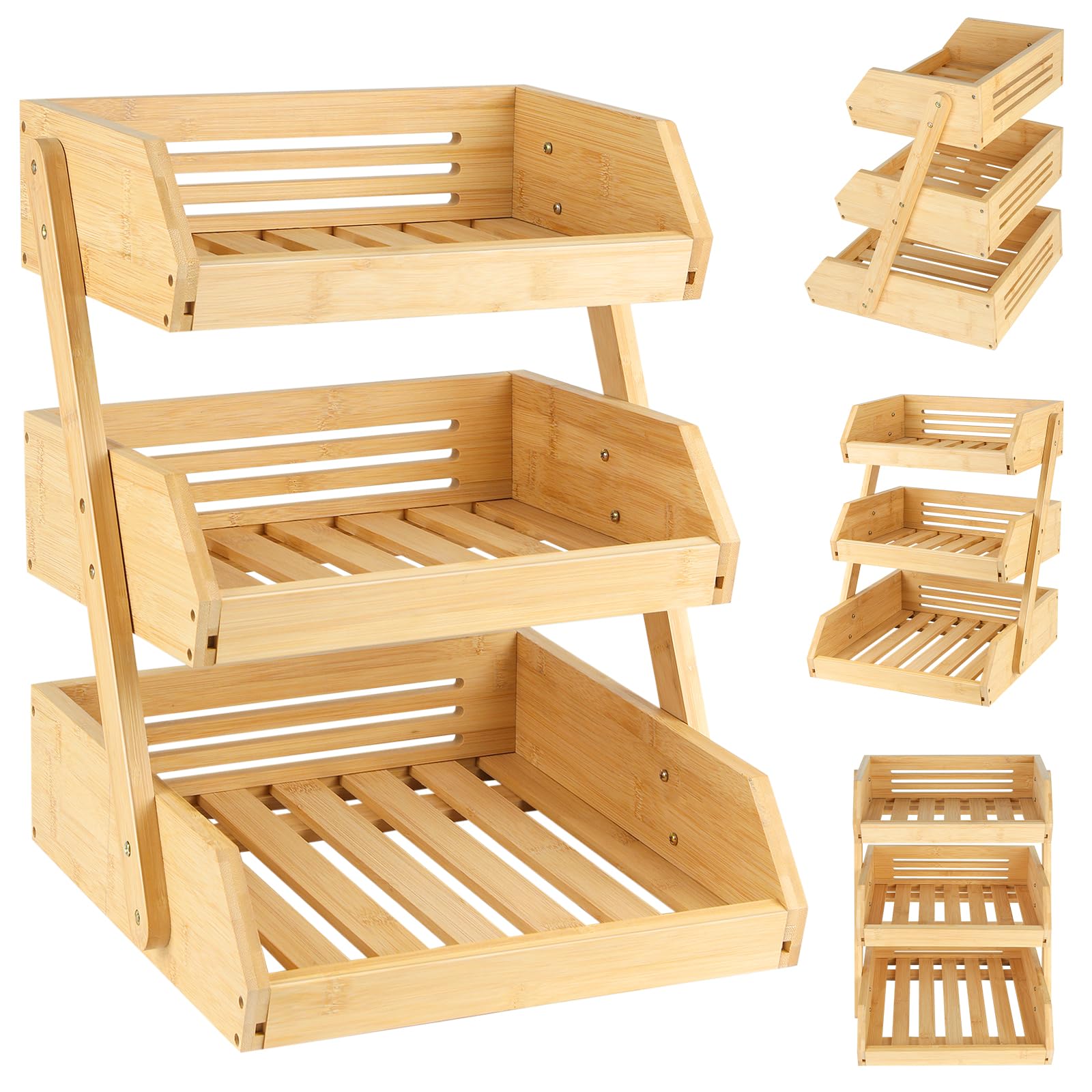 HUOLE Supporto per Cesto di Frutta in Bambù, a 3 Ripiani, Supporto per Cestino di Frutta, Organizzazione del Pane in Cucina, per Piano di Lavoro di Cucina per Frutta 30*33*41cm