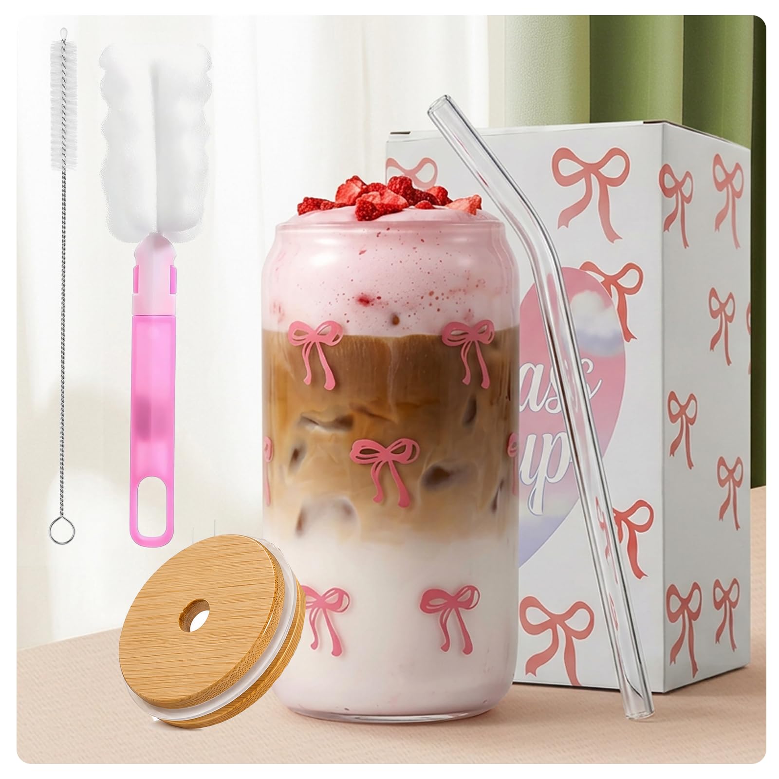 ToKinCen Bow Glass Cup, 16 oz Bow Iced Coffee Glass Cups with Lids and Straws and Cleaning Brush, Pink Cute Bow Glass Cups for Women Girlfriend Wife