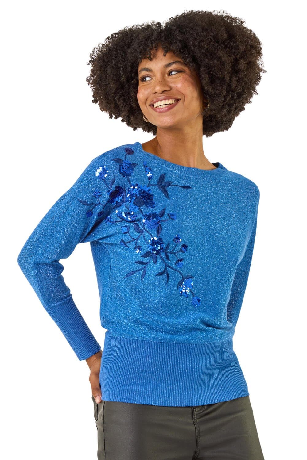 Roman Women's Blue Floral Sequin Knit Jumper In | Size: 20