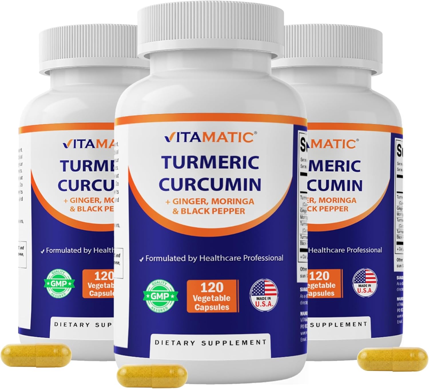 Vitamatic Turmeric Curcumin Supplement – Plant-Based Botanical Extract with Black Pepper, Ginger & Moringa – Vegetarian, Non-GMO, Gluten-Free – 120 Capsules - 3 Pack (360 Capsules)