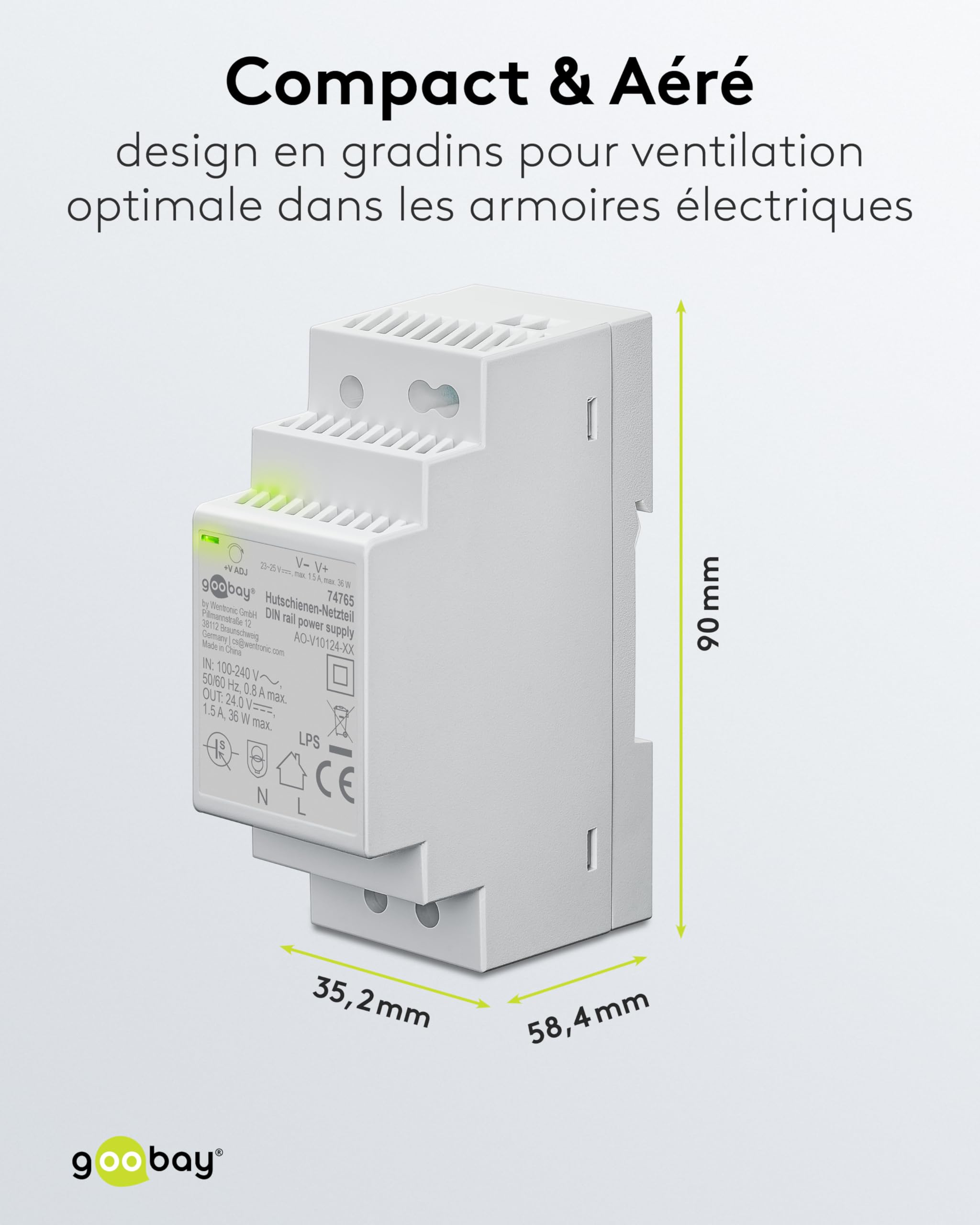 Alimentation sur rail DIN goobay 24V / 36 Watts - Pour transformateur de sonnette, systèmes de surveillance et d'accès, montage facile sur rail DIN, protection contre les surtensions, 74765